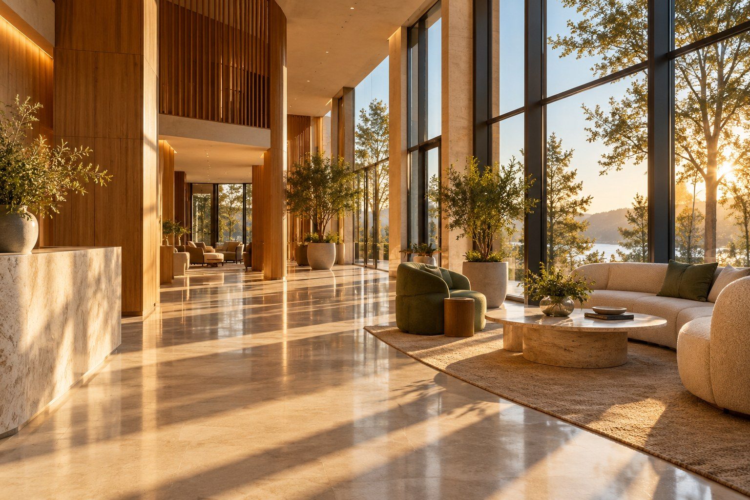 Sunlit lobby with stone floors, warm wood paneling and tall windows