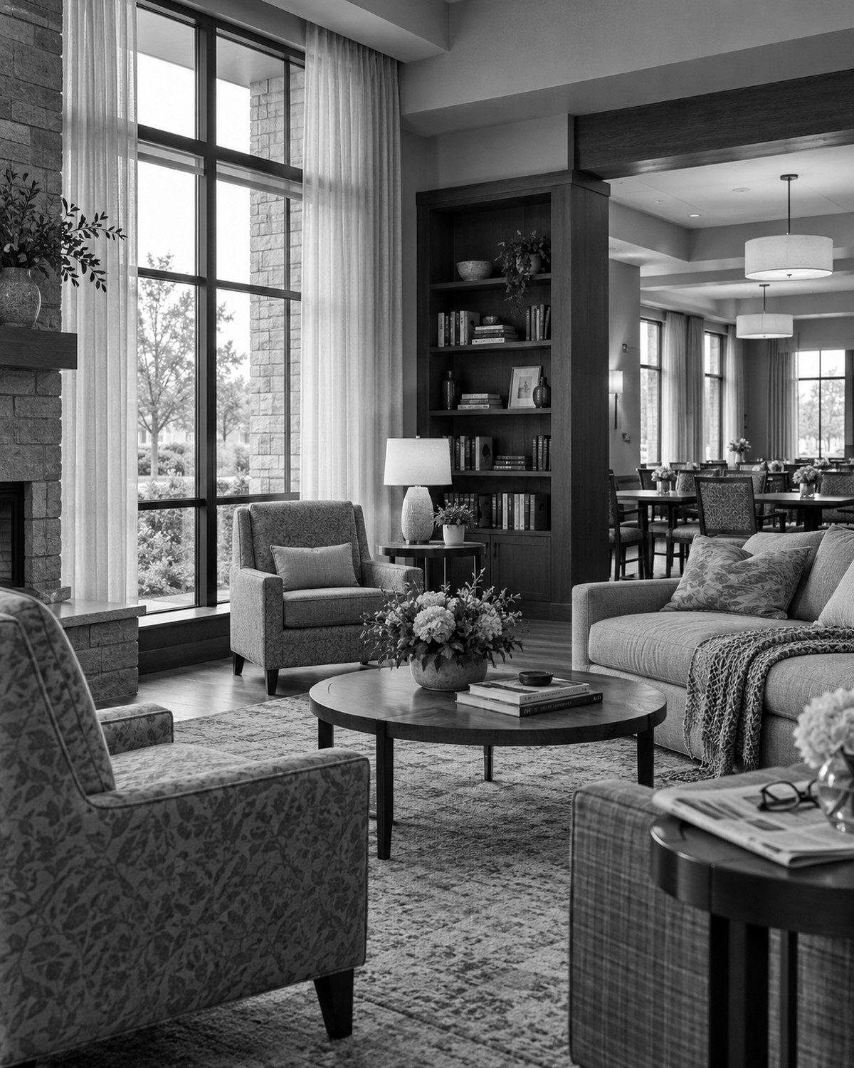 Lounge with armchairs, bookshelves and tall windows opening onto a dining room in a senior living community